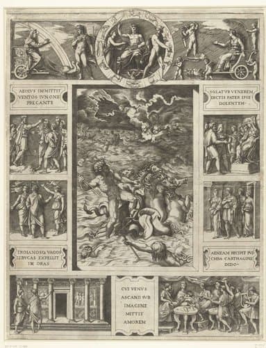 Jupiter bedaart de storm op zee in rechthoekige omlijsting met negen scènes uit epos Aeneis by Marcantonio Raimondi