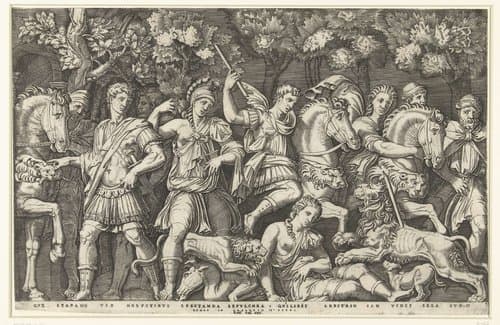 Soldaten weerhouden leeuw van aanval op vrouw by Marcantonio Raimondi