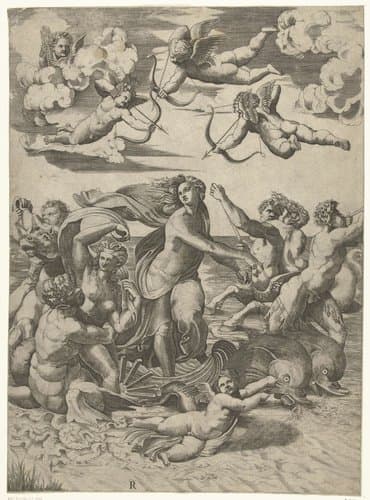 Triomf van Galatea met tritons en nereïden en putti by Marco Dente