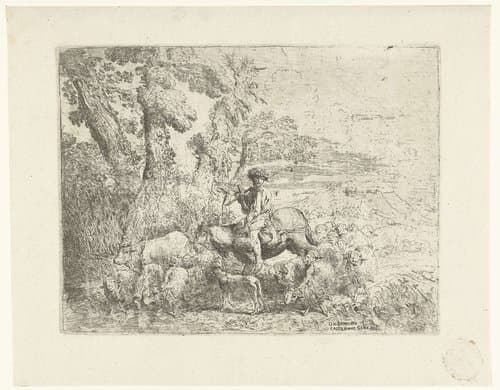 Jonge herder te paard met zijn kudde by Giovanni Benedetto Castiglione