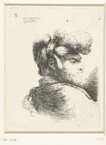 Hoofd van een man met een hoofdeksel afgezet met bont by Giovanni Benedetto Castiglione