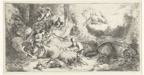 Geboorte van Christus met God de Vader en engelen by Giovanni Benedetto Castiglione