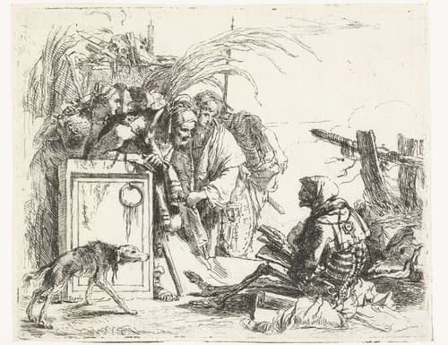 Dood houdt toespraak voor groep figuren en hond by Giovanni Battista Tiepolo