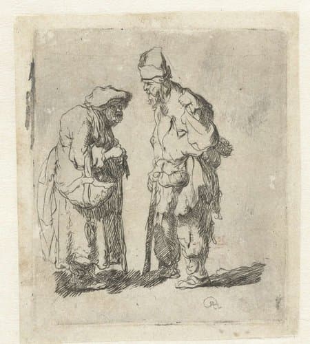 Beggar man and beggar woman conversing by anonymous; Rembrandt van Rijn