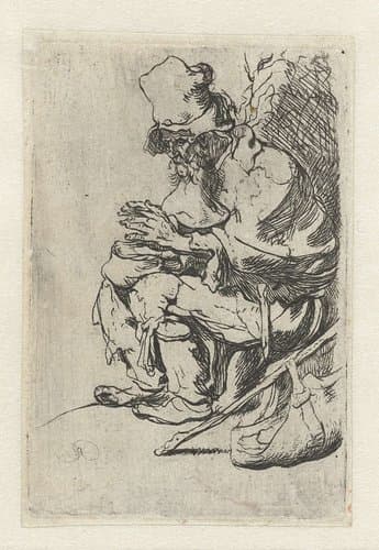 Beggar seated warming his hands at a chafing dish by anonymous; Rembrandt van Rijn