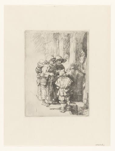 A blind hurdy-gurdy player and family receiving alms by anonymous