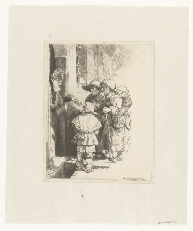 A blind hurdy-gurdy player and family receiving alms