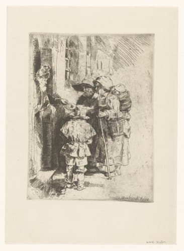 A blind hurdy-gurdy player and family receiving alms by anonymous