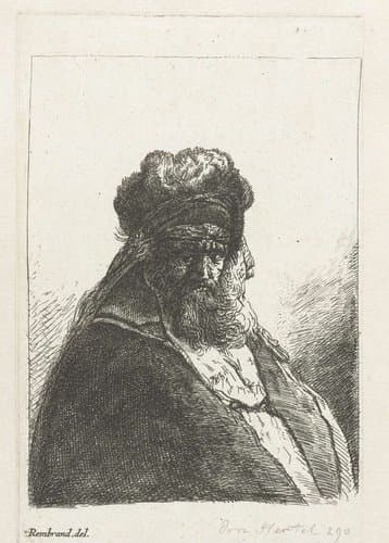 Bearded old man in a high fur cap by Georg Leopold Hertel; Rembrandt van Rijn