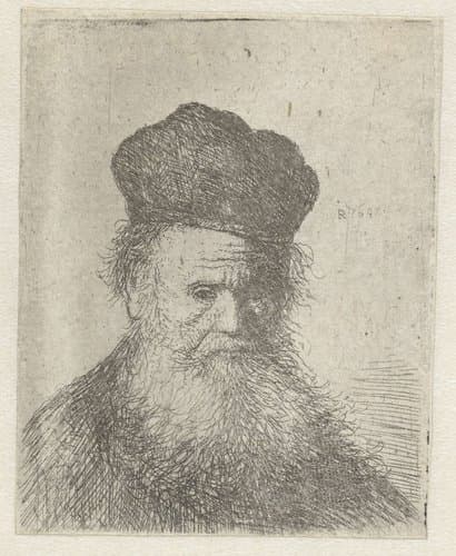 Buste van een oude man met bontmuts en lange baard, de blik omlaag by anonymous; Rembrandt van Rijn