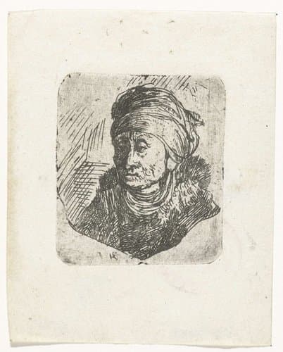 Vrouw met bontkraag en hoofddoek over een ondermutsje gewonden: buste by anonymous; Rembrandt van Rijn