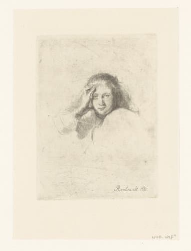 Drie hoofden van vrouwen, één licht geëtst by anonymous; Rembrandt van Rijn