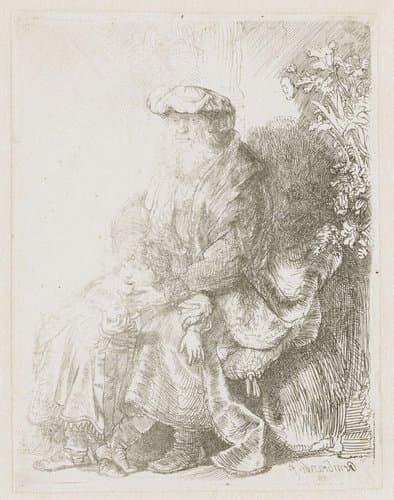 Abraham liefkoost Isaac by Rembrandt van Rijn