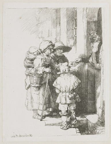 A blind hurdy-gurdy player and family receiving alms by Rembrandt van Rijn