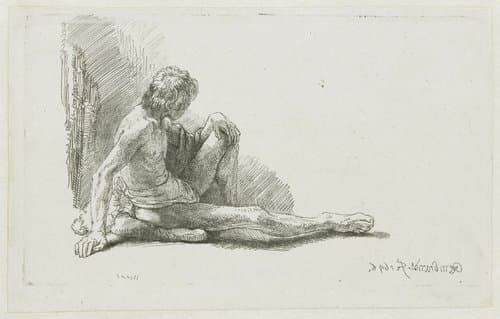 Nude man seated on the ground with one leg extended by Rembrandt van Rijn