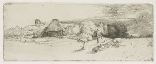 Gezicht op enkele huizen met bomen en een toren by Rembrandt van Rijn