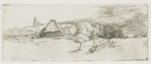 Gezicht op enkele huizen met bomen en een toren by Rembrandt van Rijn