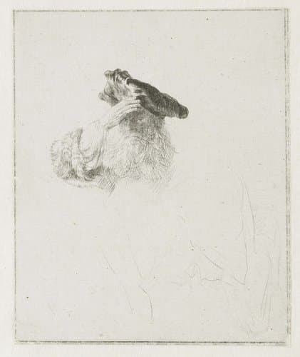 Oude man zijn ogen beschaduwend met zijn hand by Rembrandt van Rijn