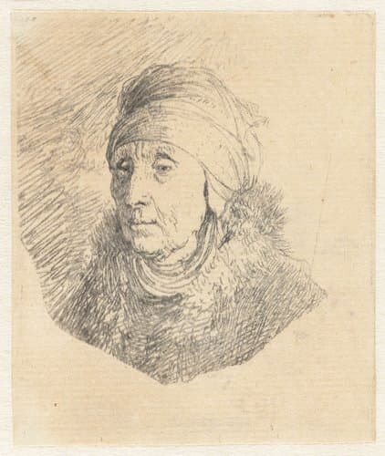 Woman with a high headdress wrapped around the chin: bust by Rembrandt van Rijn