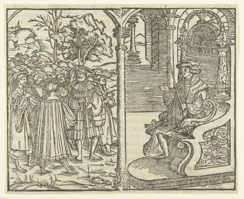 Man op troon en menigte mensen by anonymous