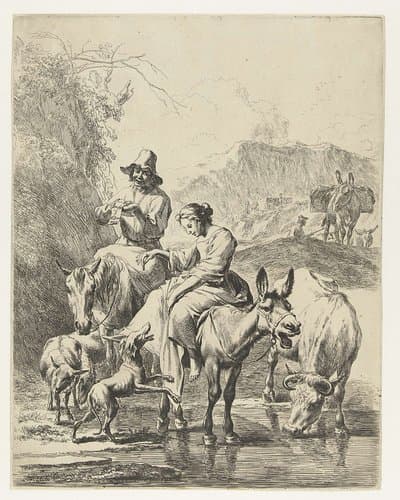 Herderin op ezel en herder op paard steken beek over by Nicolaes Pietersz Berchem