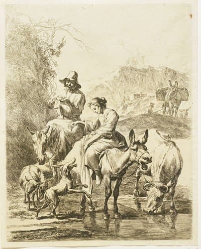 Herderin op ezel en herder op paard steken beek over by Nicolaes Pietersz Berchem