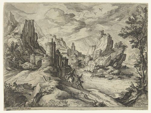 Rotskust in Campania met stad en reizigers by Paul Bril