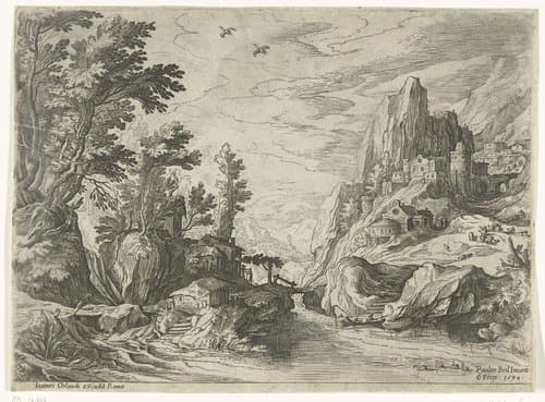 Rivierlandschap in Campania met stad op rots by Paul Bril