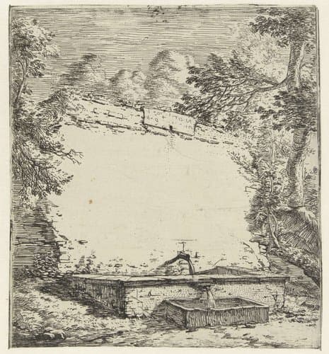 Titelprent met muur en fontein by Karel du Jardin