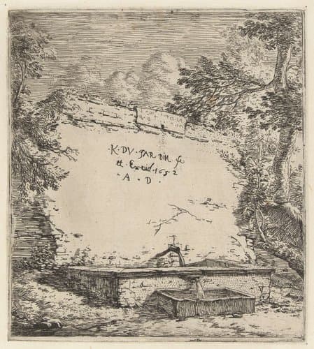 Titelprent met muur en fontein by Karel du Jardin