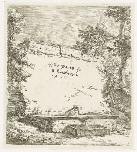 Titelprent met muur en fontein by Karel du Jardin