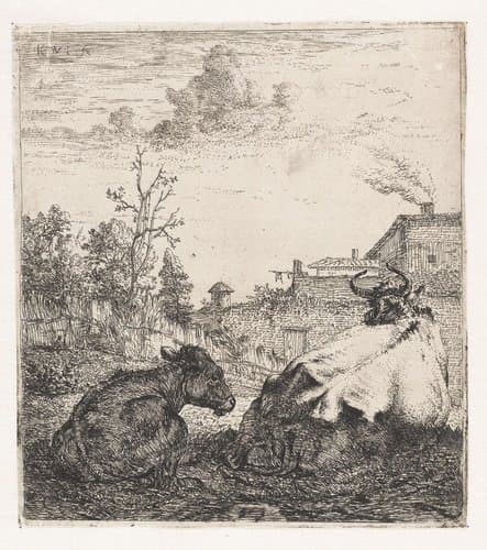 Liggende koe met kalf by Karel du Jardin