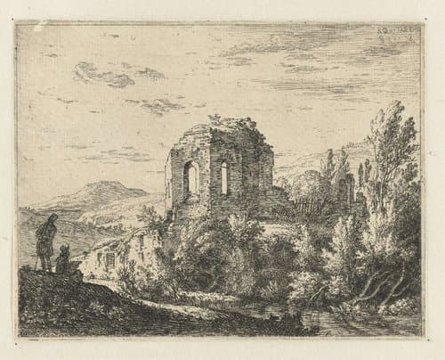 Landschap met ruïnes van een tempel en twee tekenaars by Karel du Jardin