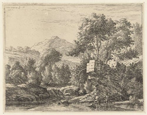 Twee mannen bij een steen in het water by Karel du Jardin