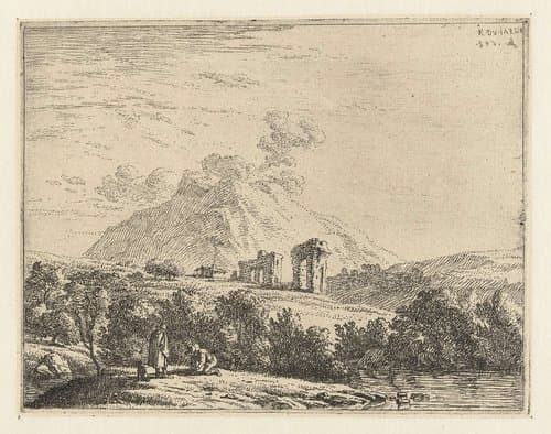 Landschap met ruïne en twee mannen met een hond by Karel du Jardin