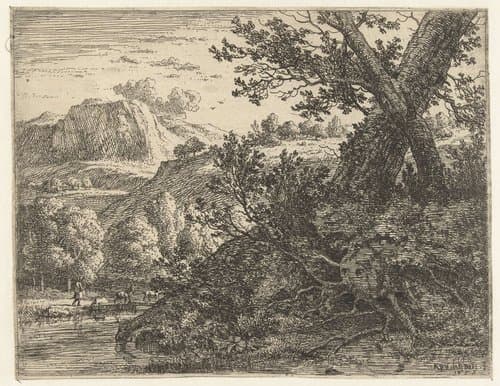 Landschap met boom met blootgelegde wortels by Karel du Jardin