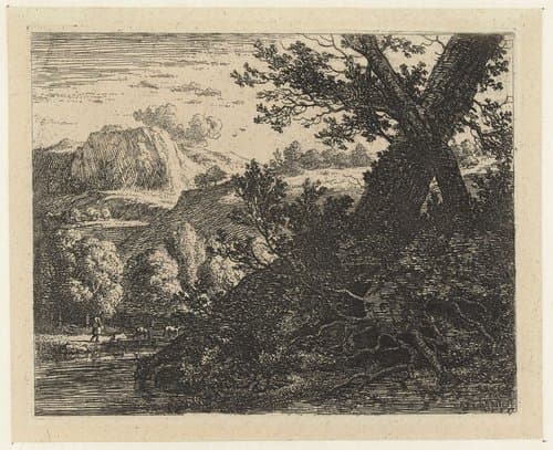 Landschap met boom met blootgelegde wortels by Karel du Jardin