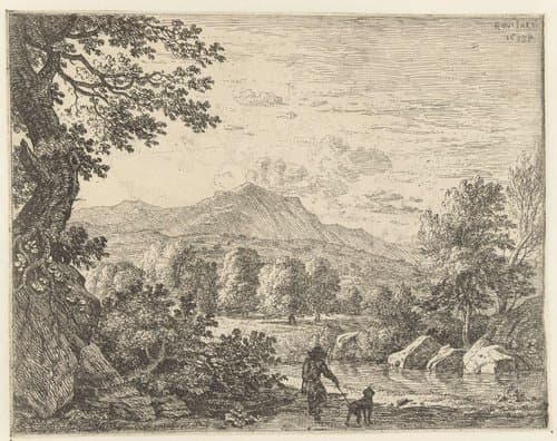 Heuvellandschap met man en hond by Karel du Jardin