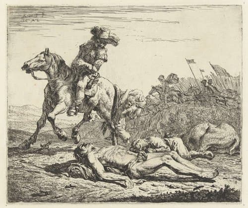 Slagveld met ruiter te paard en twee dode mannen by Karel du Jardin