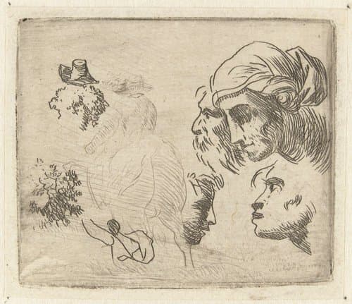 Studieblad met hoofden en ruiter by Karel du Jardin