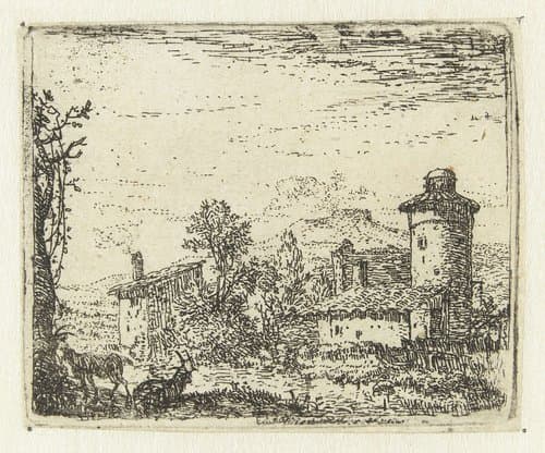 Italianiserend landschap met ronde toren en twee geiten by Karel du Jardin