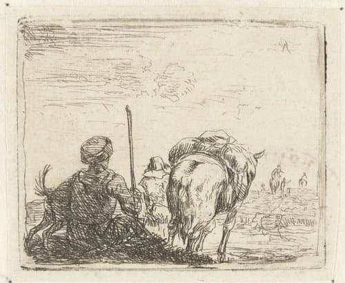 Italianiserend landschap met man, hond, herder en paard by Karel du Jardin
