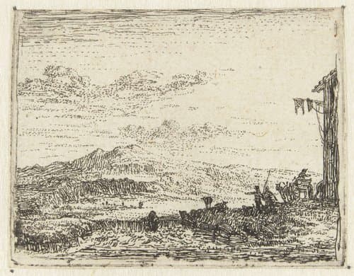 Italianiserend landschap met wagen bij herberg by Karel du Jardin