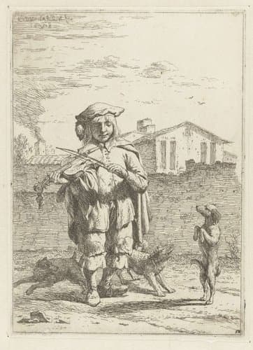 Vioolspeler met drie honden by Karel du Jardin