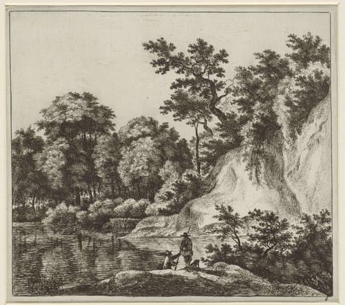 Landschap met een grote rots aan het water by Jan Hackaert