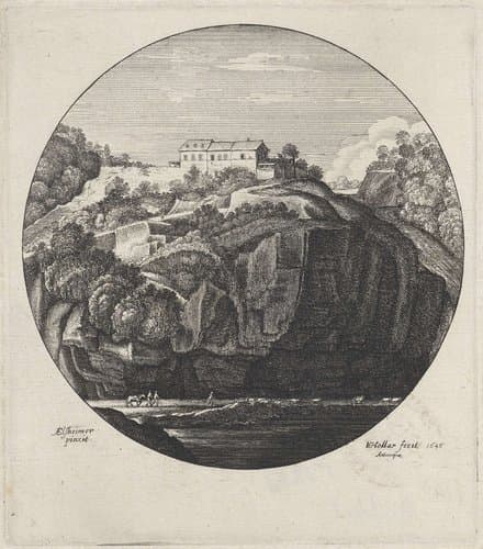 Landschap met huis op een klif by Wenceslaus Hollar