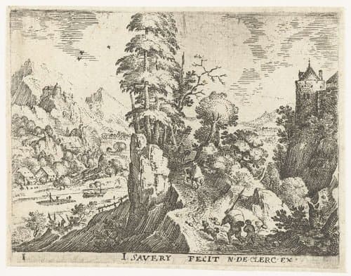 Landschap met reizigers op steile rots
