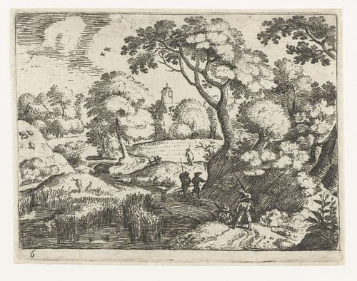 Zes landschappen met reizigers
