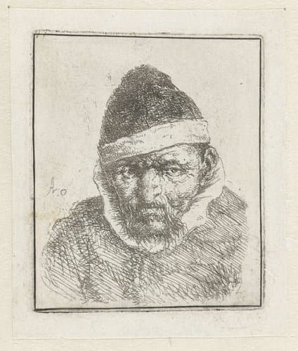 Buste van een oude boer met een puntmuts by Adriaen van Ostade
