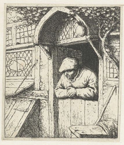 Boer leunend op onderdeur by Adriaen van Ostade